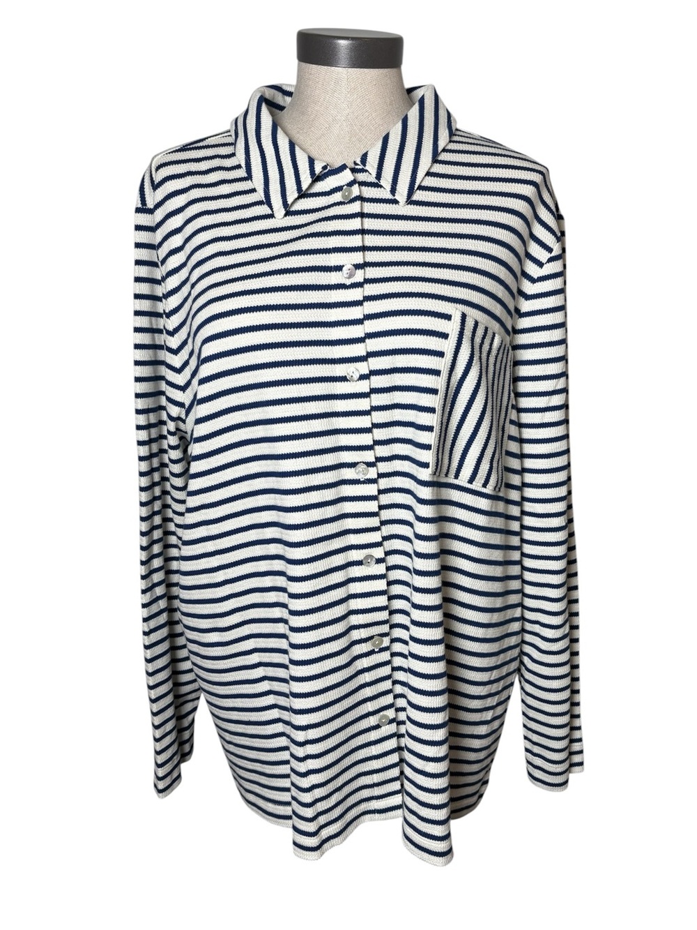 J.Jill Navy White Stripe Waffle Knit Button Down Shirt Coastal XL XXL